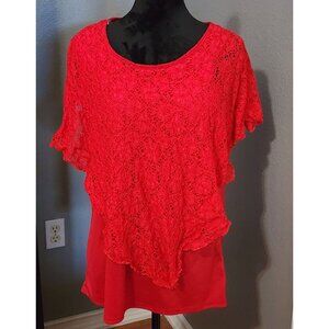 American City Wear Blouse Womens 1X Red Lace Overlay Tunic Top Layered Chic